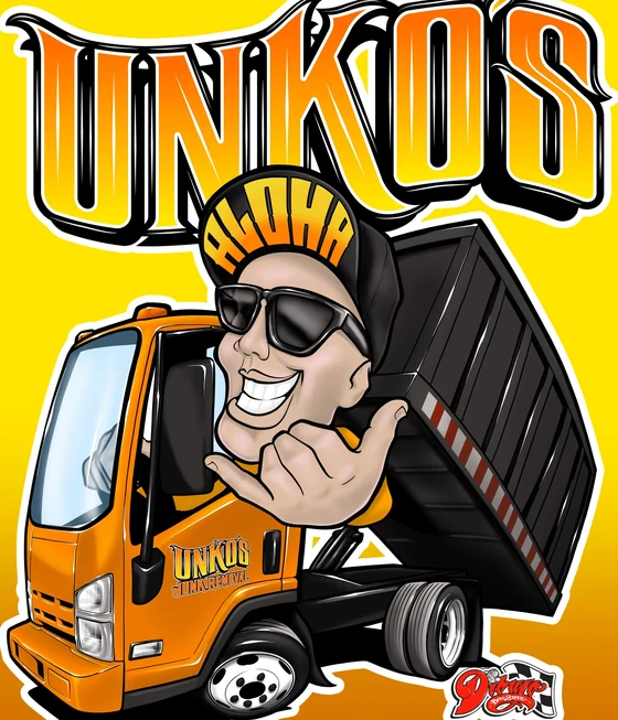 The Unko's Junk Removal mark: the Unko mascot throwing a shaka from an orange dump truck.